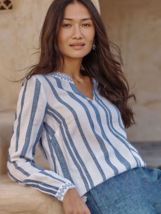 J JILL NWT M Pure Jill Embroidered Striped Top Cotton Blouse White Blue Yonder - Picture 13 of 14